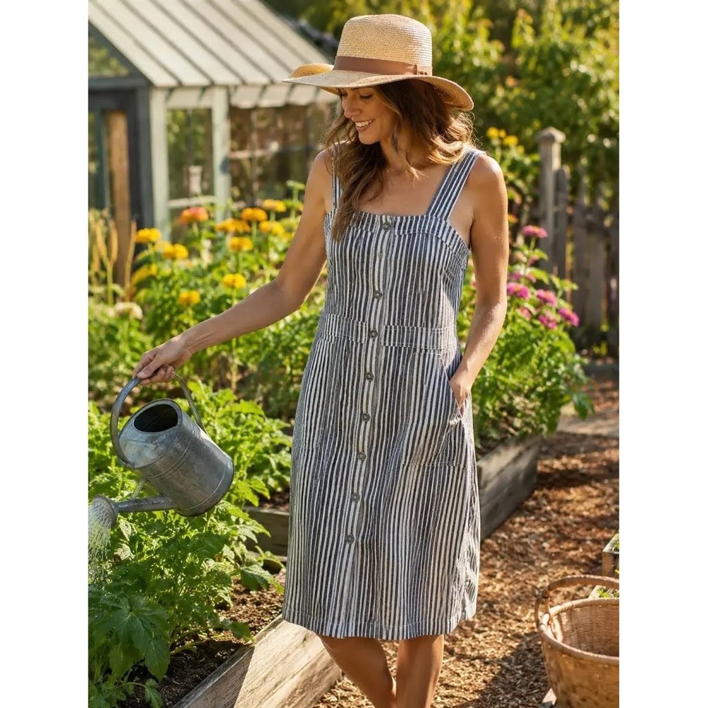 Kavu Womens Evanston Blue White Striped Cotton Button Front Sundress Pockets